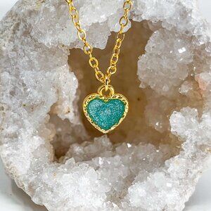 3/$20 14k Gold Dark Green Glitter Resin Heart Charm Handmade Pendant Necklace